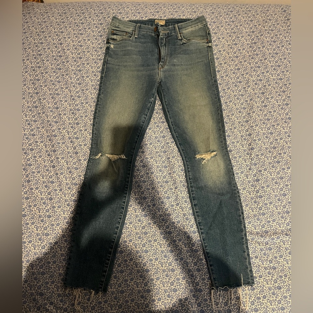 Mother High Waisted Looker Ankle Fray Jeans, Size 28, Light Wash